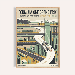 Overview of Formula One Poster wall art showing Monaco 1966 Grand Prix track illustration and typography