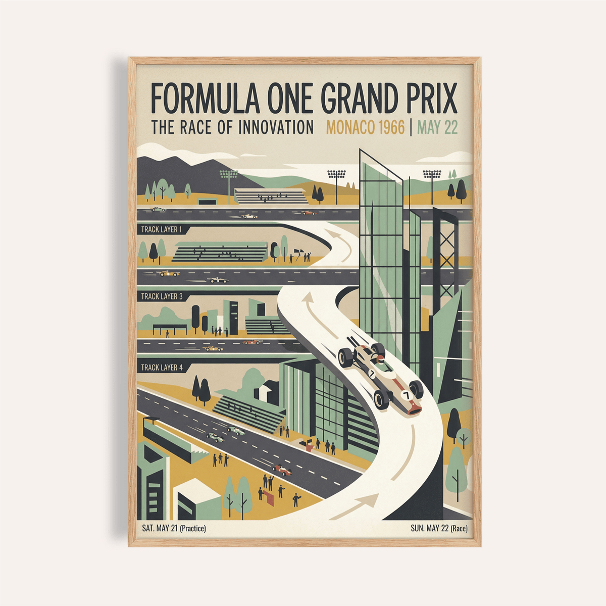 Overview of Formula One Poster wall art showing Monaco 1966 Grand Prix track illustration and typography