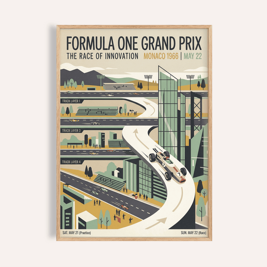 Overview of Formula One Poster wall art showing Monaco 1966 Grand Prix track illustration and typography