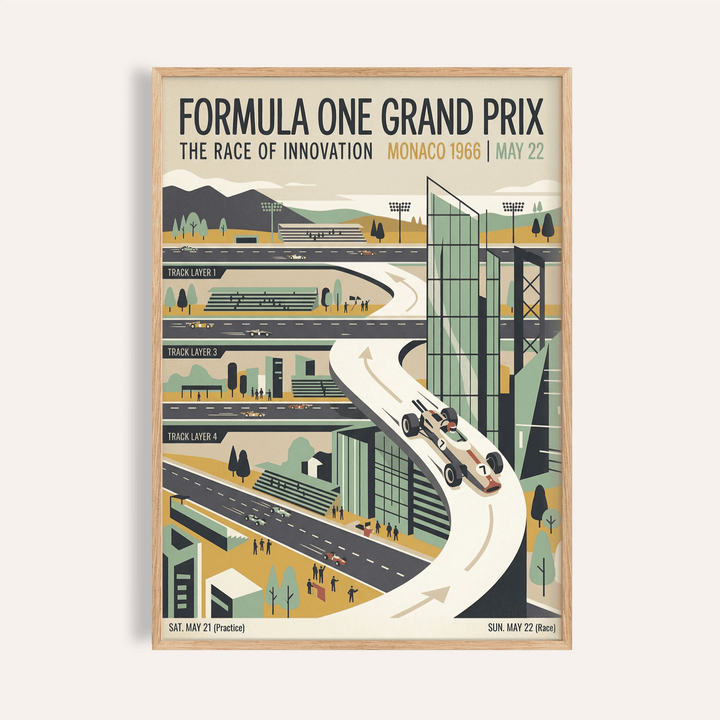 Overview of Formula One Poster wall art showing Monaco 1966 Grand Prix track illustration and typography