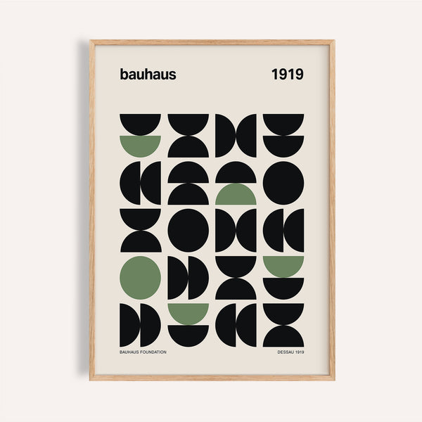 Black and green gallery print with Bauhaus-style geometric forms