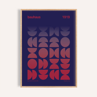 Framed graphic design poster with red and purple geometric gradient shapes in bauhaus style