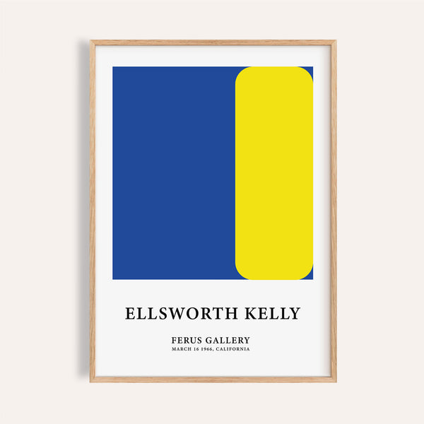 Minimalist art print featuring bold yellow and blue shapes for living room