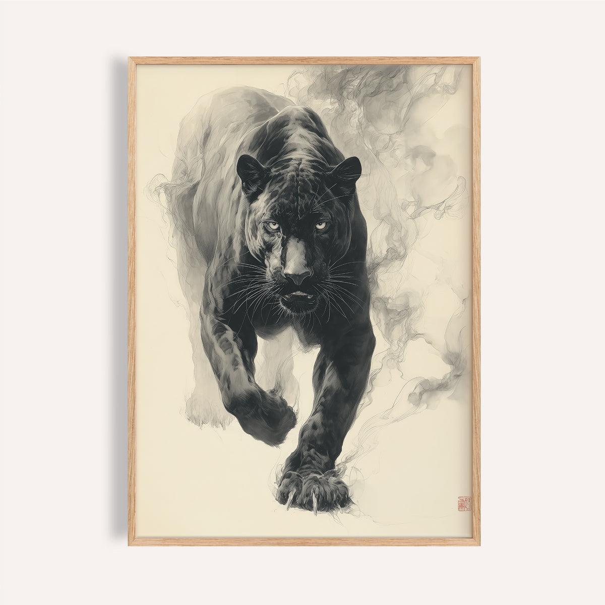 Framed artwork of a black panther on a textured beige background