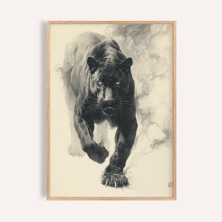 Framed print close-up of a black panther in traditional Japanese ink style in greyscale