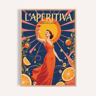Framed print close-up of a woman in an orange dress holding a spritz gift with orange and blue tones