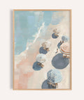 Top-down beach umbrella print with blue and tan tones for bathroom wall art