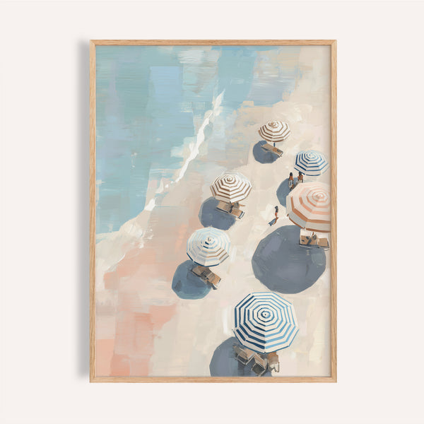 Top-down beach umbrella print with blue and tan tones for bathroom wall art