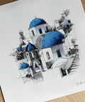 Artistic drawing of a building with blue domes on a white background