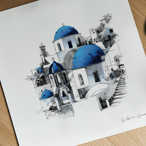 Artistic drawing of a building with blue domes on a white background