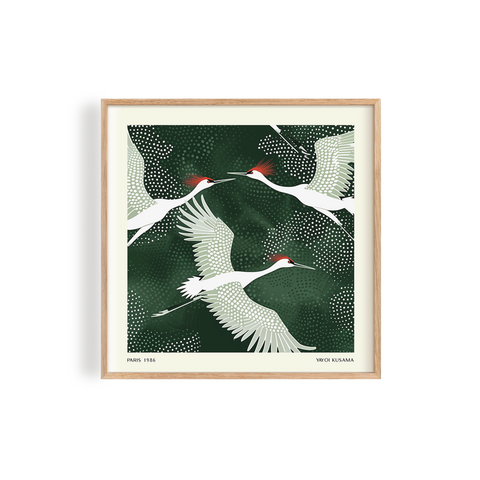 Delicate minimalist design of white red-crowned cranes in flight, set against a deep green background with intricate dotted details
