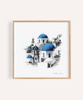 Santorini wall art featuring blue domes and white buildings for living room decor