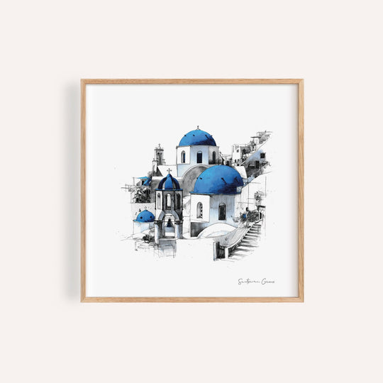 Santorini wall art featuring blue domes and white buildings for living room decor