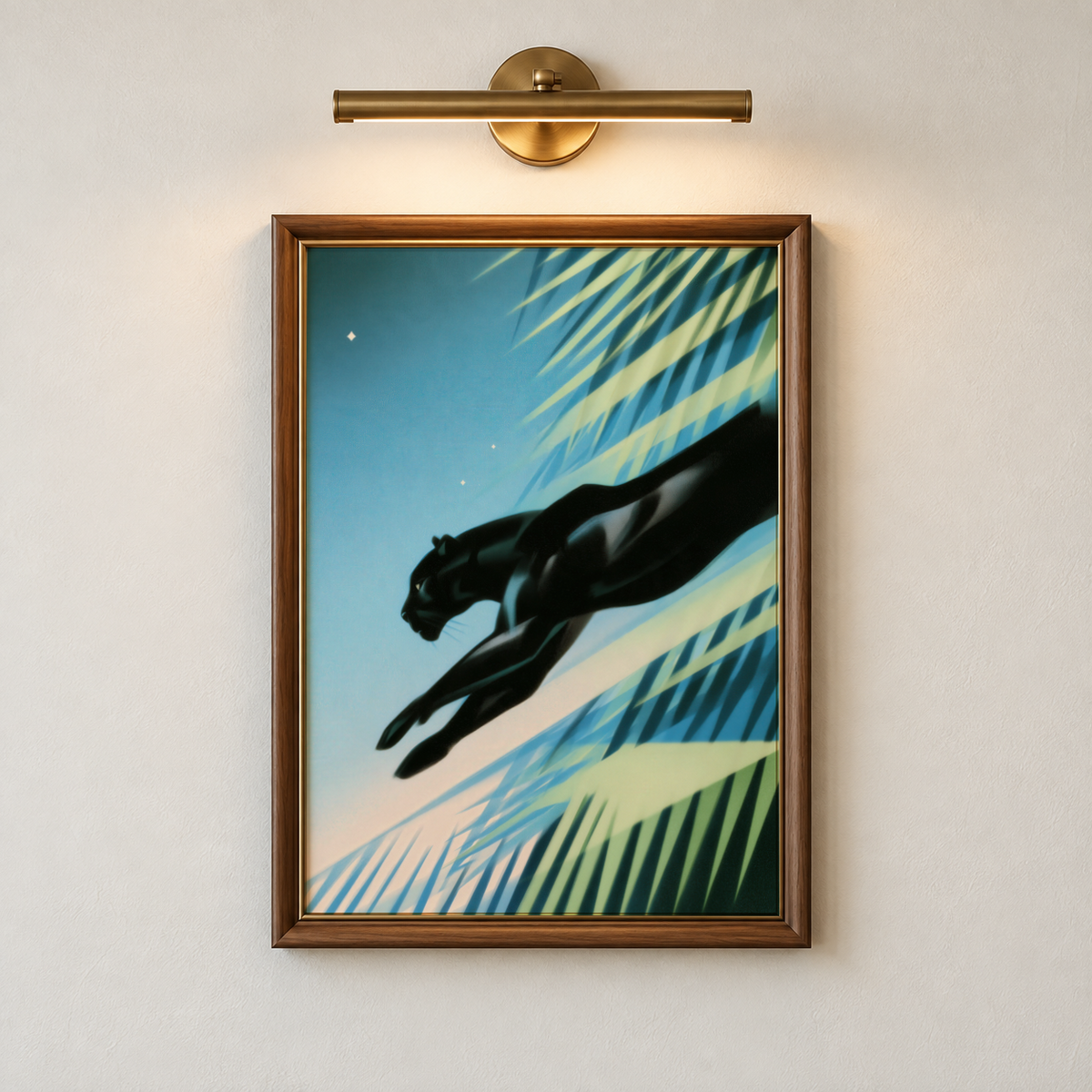 Dynamic big cat print poster in Art Deco style with angled leaf shapes