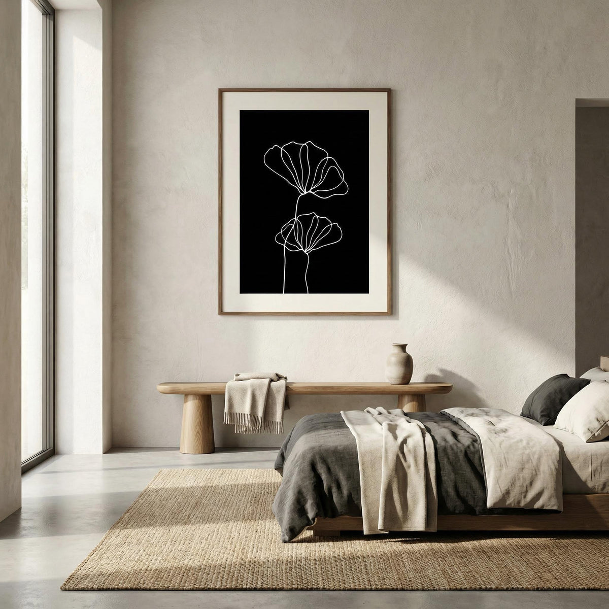 Modern bedroom with a bed, side table, and wall art