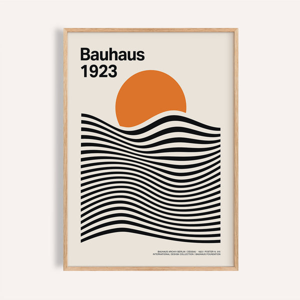 Black wave and orange sun and mountain wall art for modern interiors