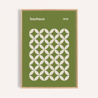 Framed print close-up of Mid Century Geometric Bauhaus with white circle petal pattern on olive background