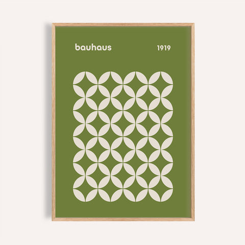 Cream and olive mid century geometric Bauhaus wall art for a modern living room