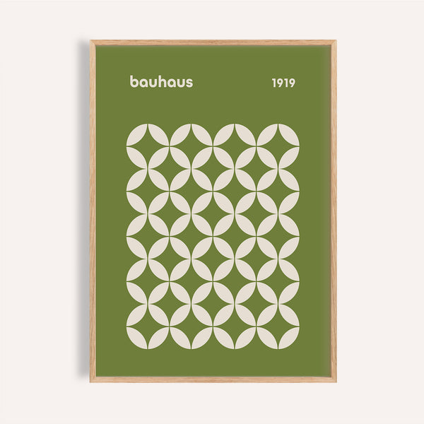 Cream and olive mid century geometric Bauhaus wall art for a modern living room
