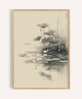 Framed artwork of a traditional ink painting of lotus flowers and water lilies.