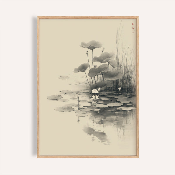 Framed artwork of a traditional ink painting of lotus flowers and water lilies.