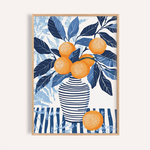 Orange blue wall art with citrus branches for kitchen print