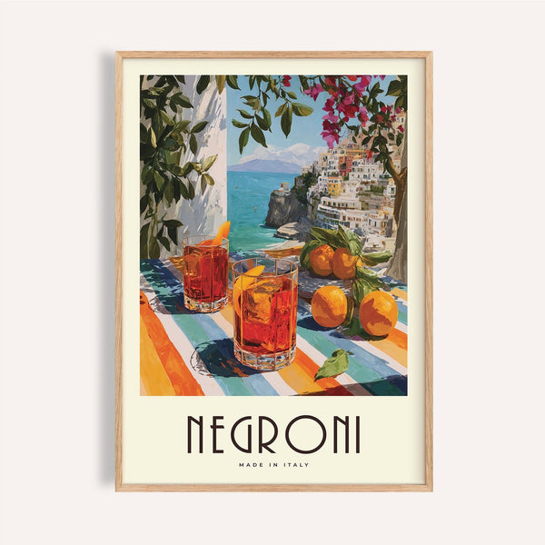 Citrus-toned Italian Drink Posters print featuring Negroni on a striped table