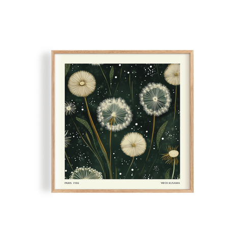 Beautiful minimalist botanical design featuring delicate dandelion details against a deep green background sprinkled with soft dots
