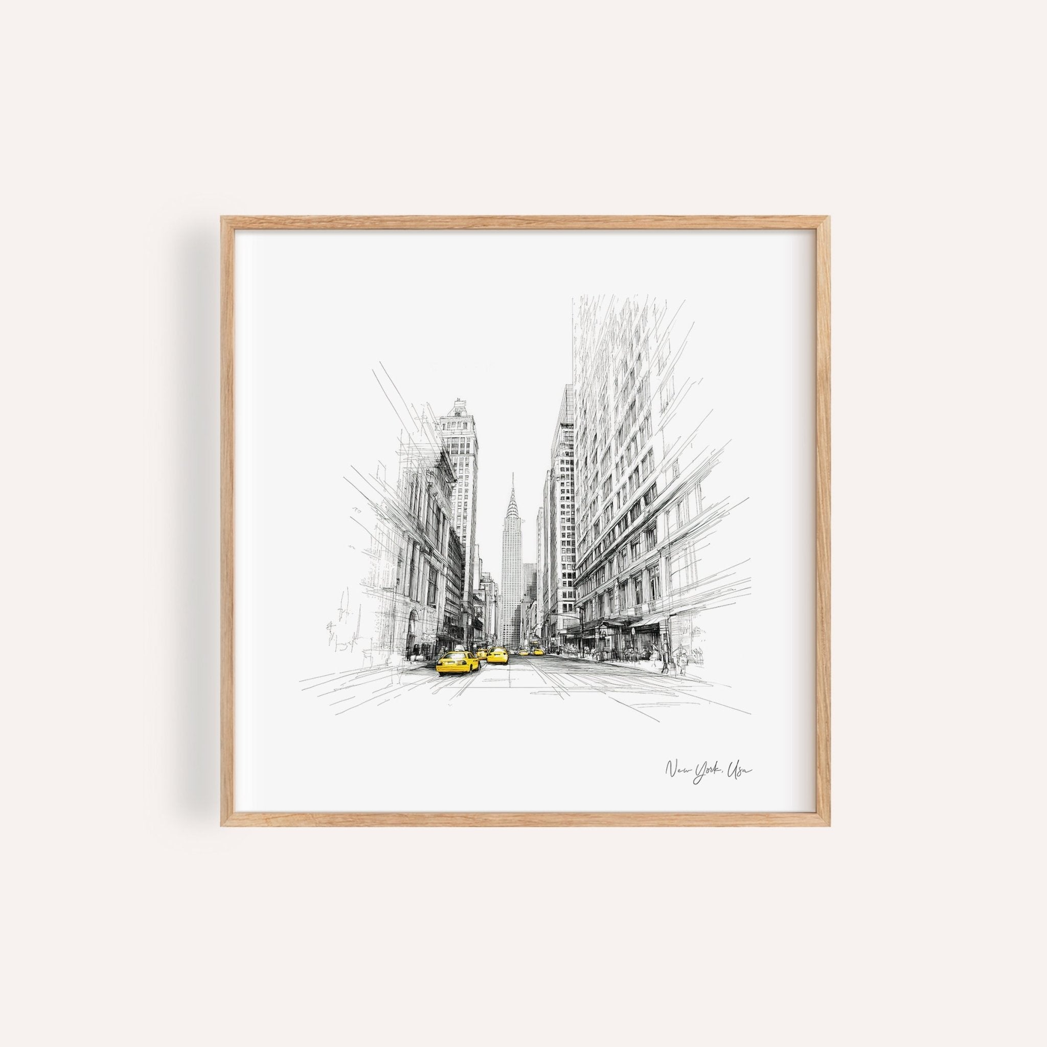 New York City Drawing | Yellow Taxi Urban Sketch Print