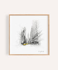 New York City drawing with yellow taxis and skyscrapers in square format