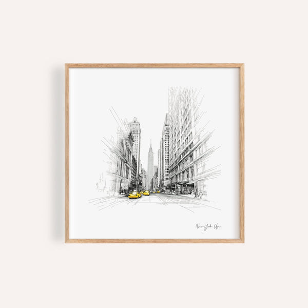New York City drawing with yellow taxis and skyscrapers in square format