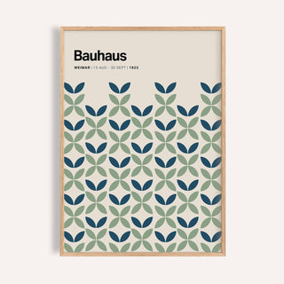 Blue and Green Wall Art Bauhaus geometric leaf pattern in blue and green in a natural wood frame