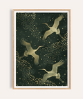 Cranes flying poster with scattered dot pattern on dark background, Green and Gold Print