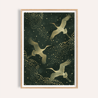 Cranes flying poster with scattered dot pattern on dark background, Green and Gold Print