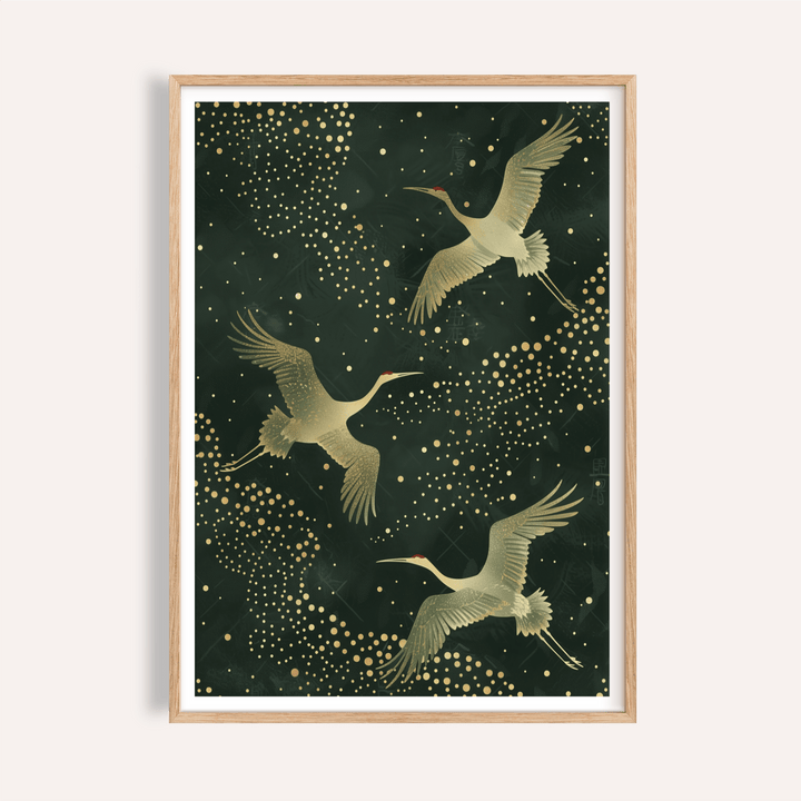 Cranes flying poster with scattered dot pattern on dark background, Green and Gold Print