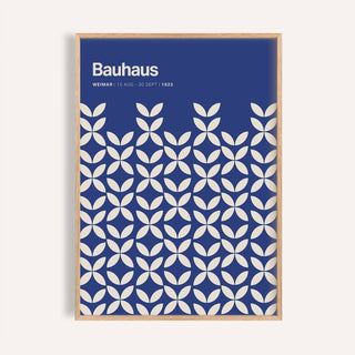 Framed Blue Modern Wall Art featuring white petal shapes in bauhaus style with text in top left