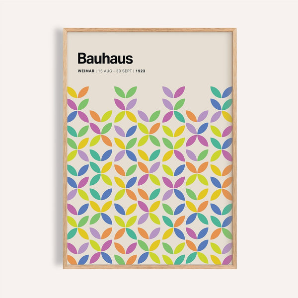 Bright colorful Bauhaus poster with geometric petals for creative studios