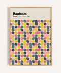 Colorful wall poster with coral, yellow, and teal Bauhaus shapes for studio walls