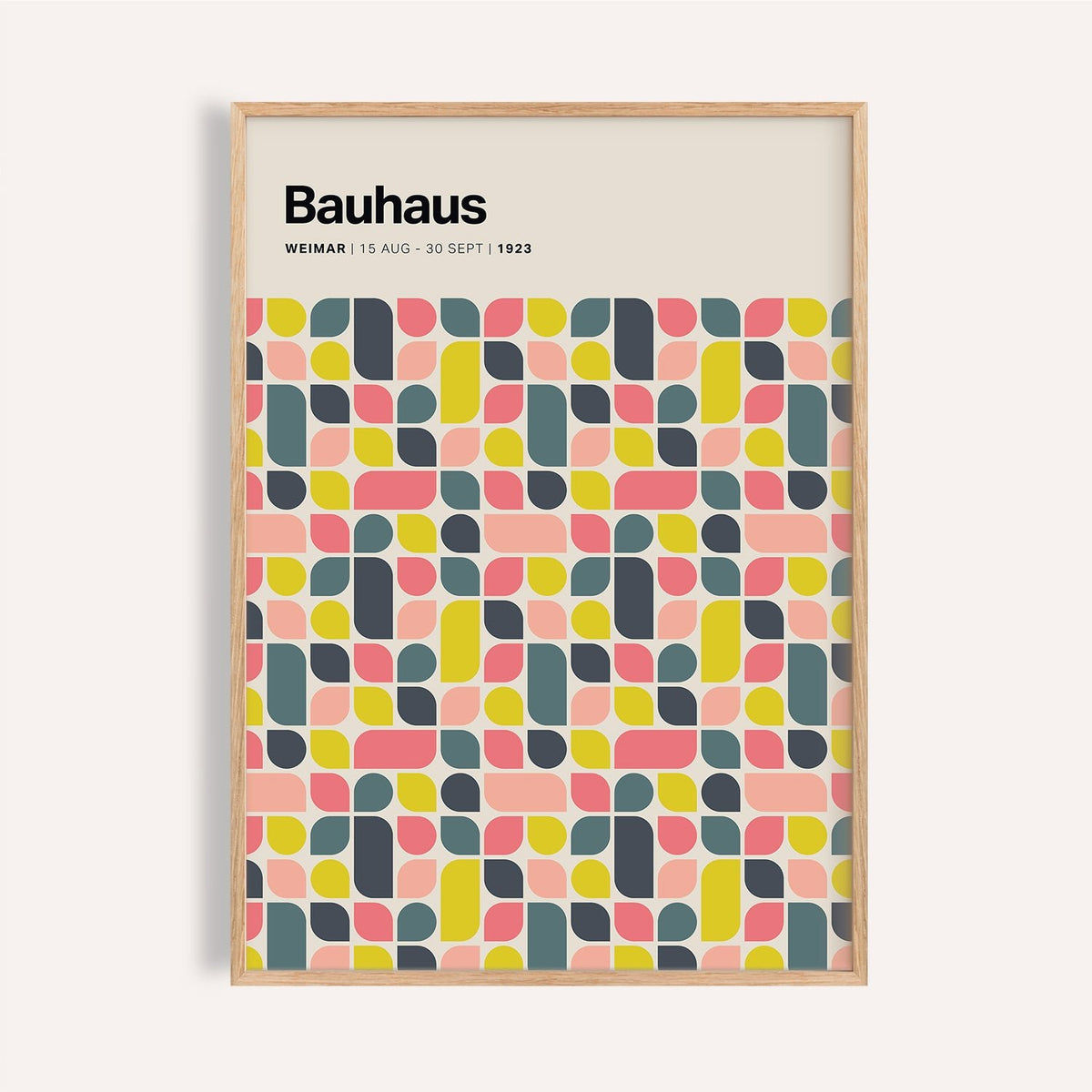 Colorful wall poster with coral, yellow, and teal Bauhaus shapes for studio walls