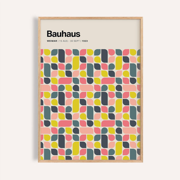 Colorful wall poster with coral, yellow, and teal Bauhaus shapes for studio walls