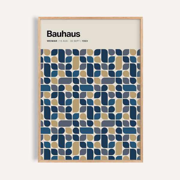 Bold navy and gold wall art print with geometric shapes for living room
