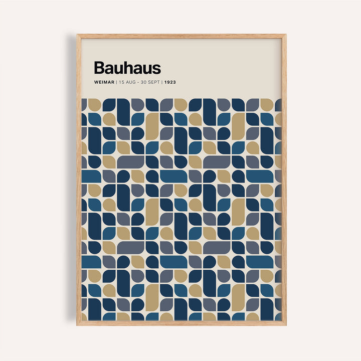Bold navy and gold wall art print with geometric shapes for living room