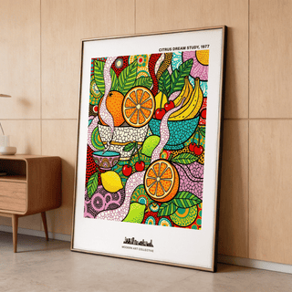 Layered fruit illustration showing curved bowls and leafy branches