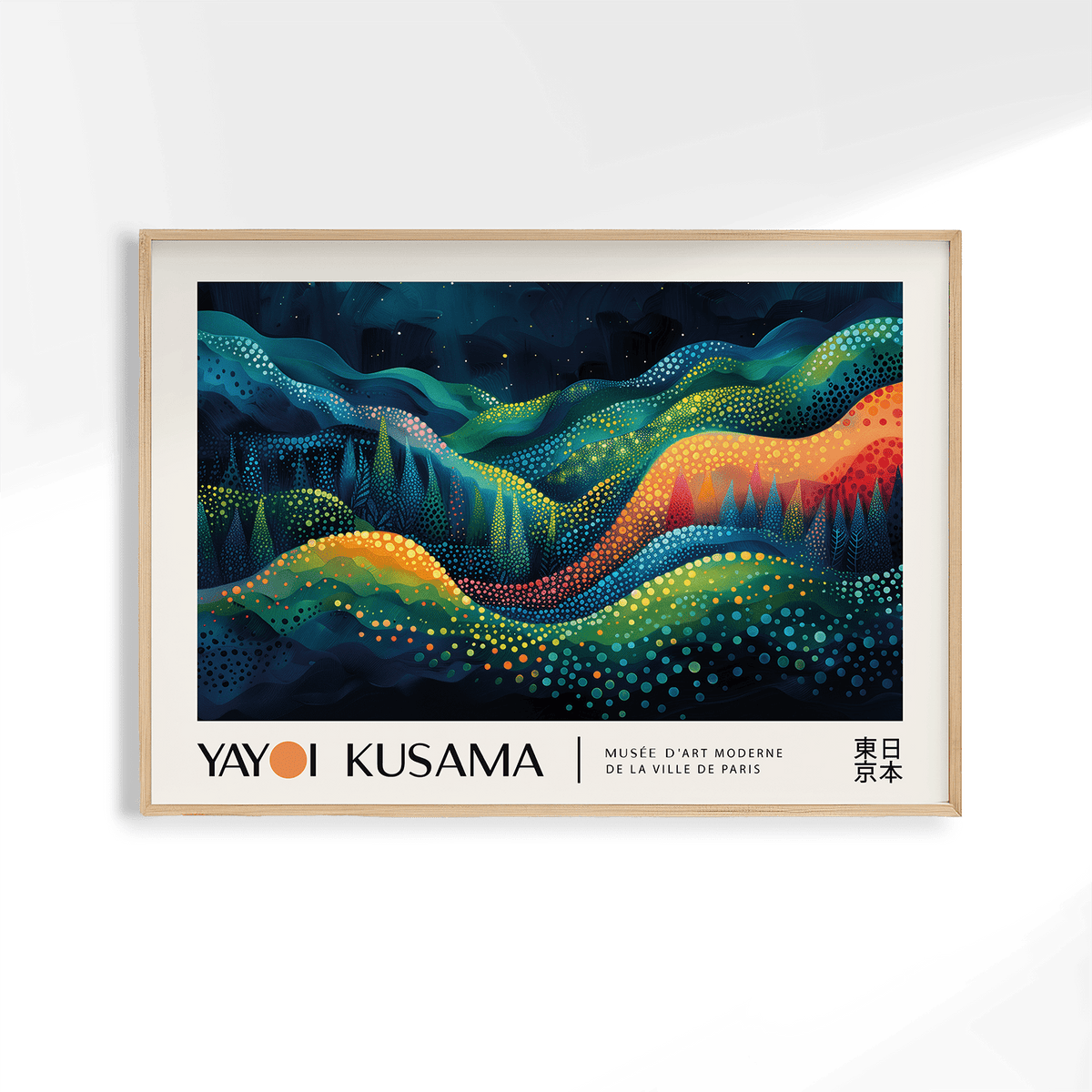 Kusama-inspired horizontal abstract art print for modern living rooms