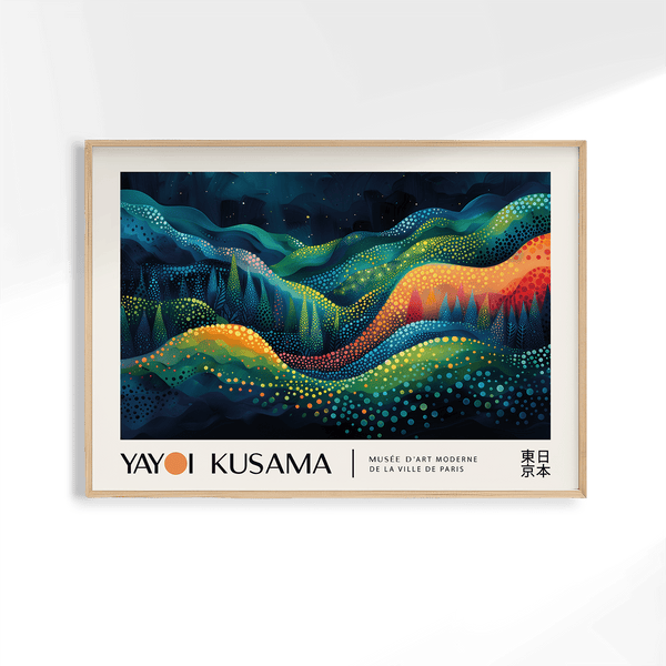 Kusama-inspired horizontal abstract art print for modern living rooms