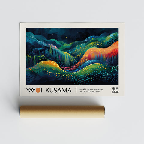 Modern wall art featuring Kusama-style design with vibrant nature-inspired elements
