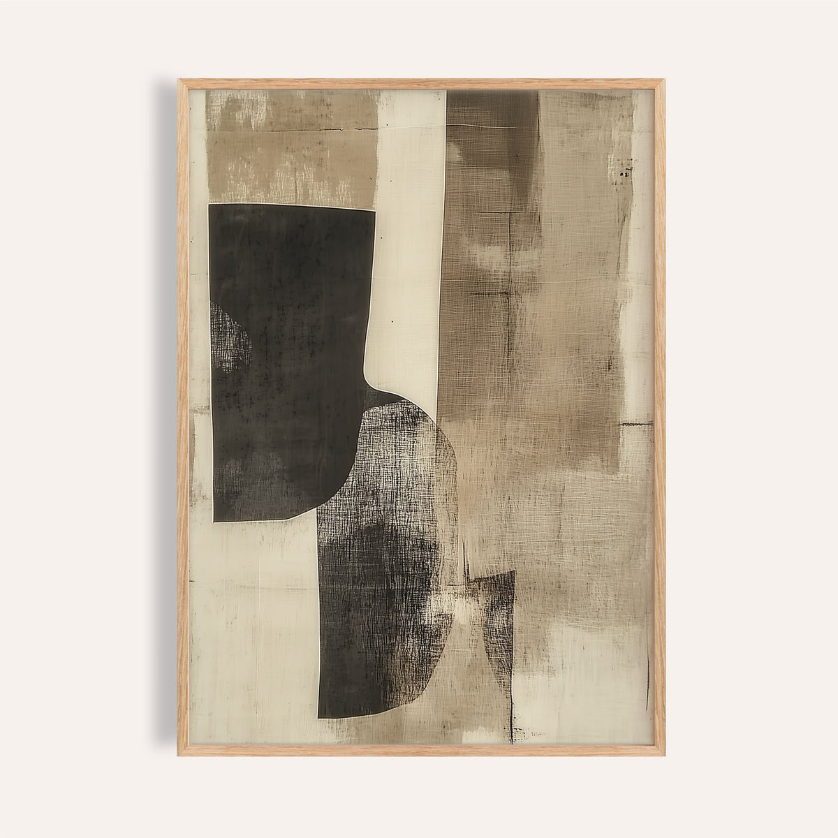 Cream wall art featuring abstract beige and black shapes for living room

