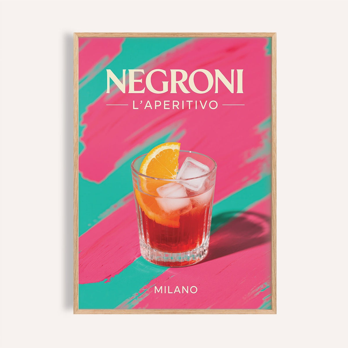 Retro cocktail art print of Negroni with orange slice for home bar wall
