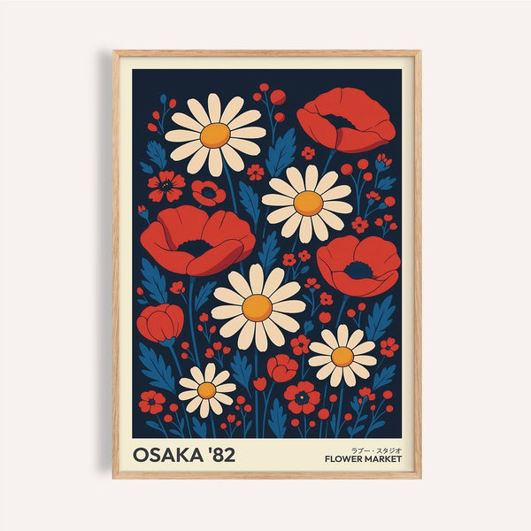 Bold retro flowers art print with red poppies and white daisies for living room