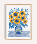 Sunflower Print with bold yellow petals and blue centers for kitchen wall art